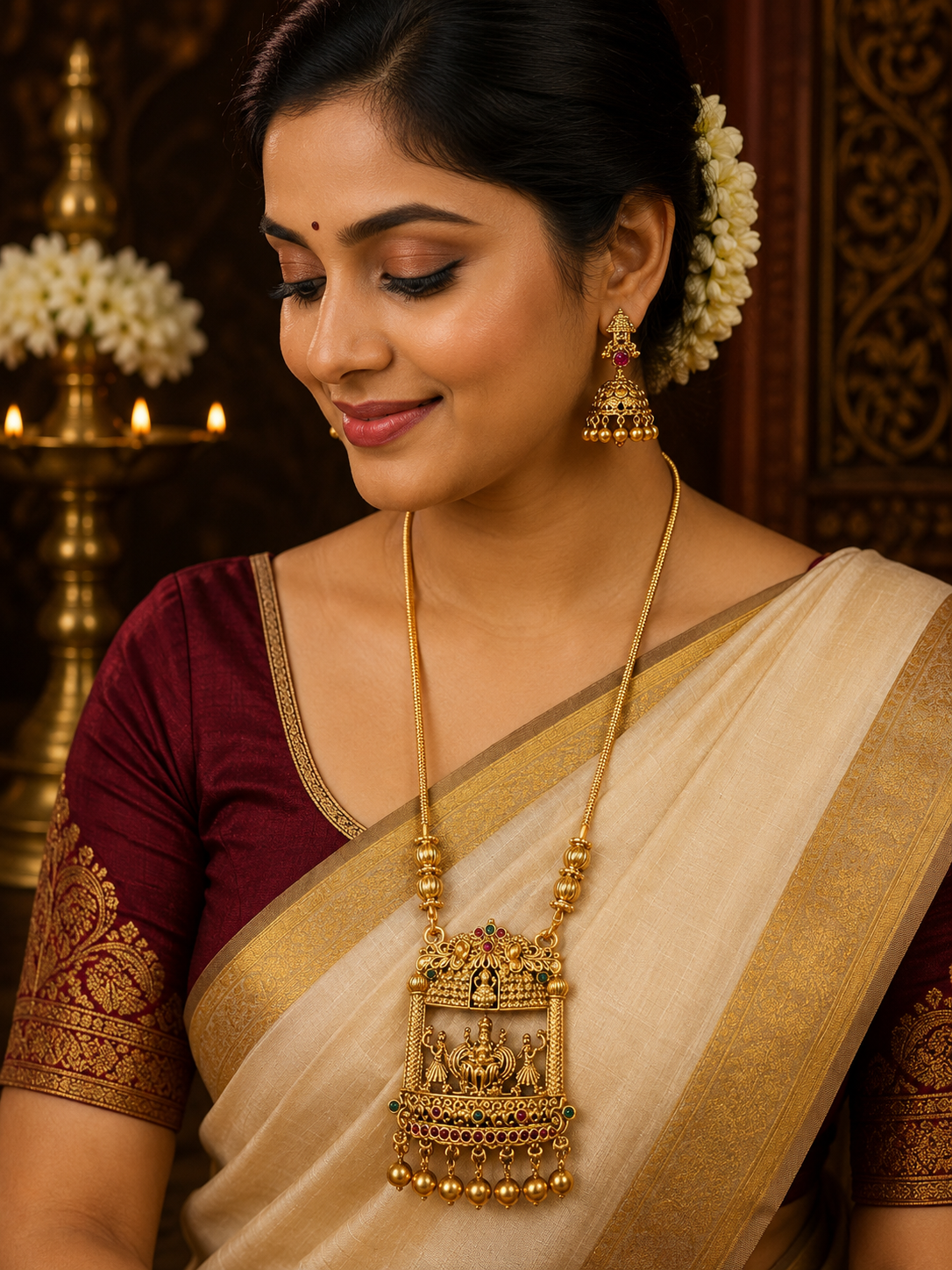 Antique gold Lakshmi temple long necklace set with matching jhumka earrings