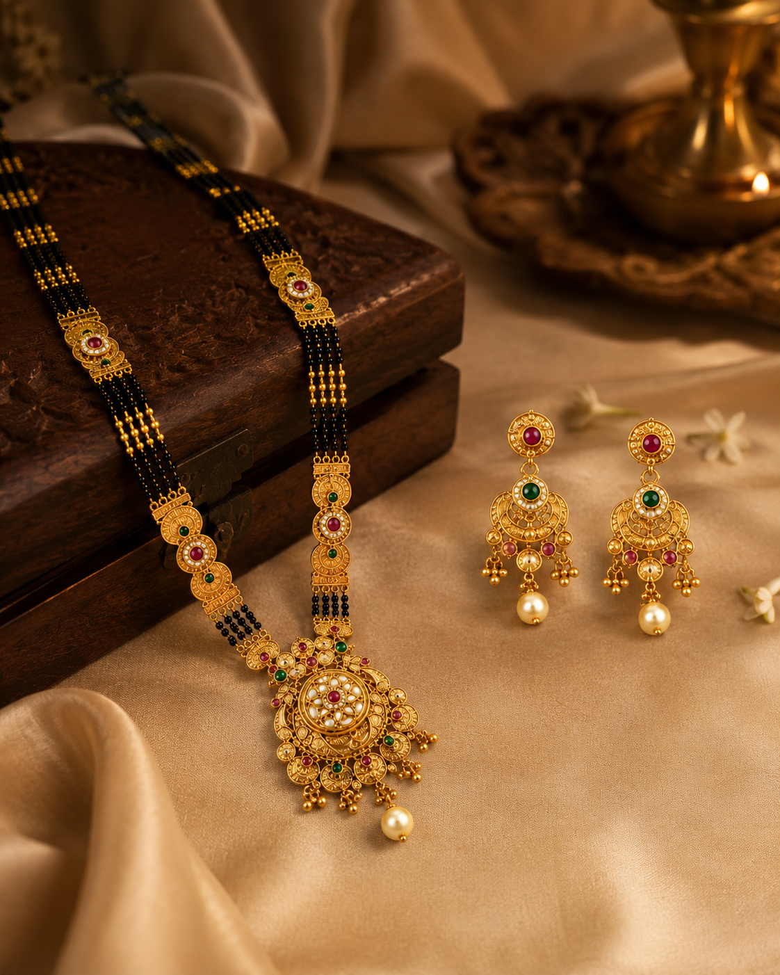 Designer Mangalsutra Set with Earrings | Traditional Gold Plated Black Beads Necklace
