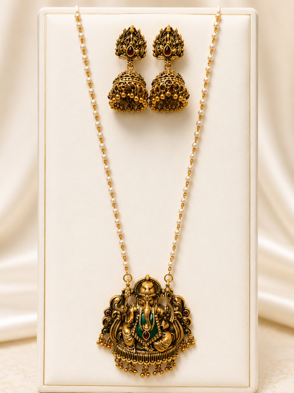 Antique gold Ganesha pendant pearl long necklace set with matching jhumka earrings