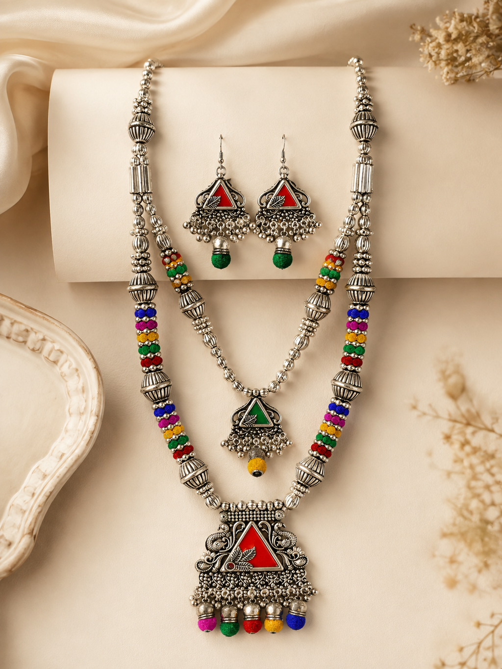 Premium Oxidised Multicolor Tribal Necklace Set with Matching Earrings for Navratri Garba Traditional Ethnic Jewellery - front view