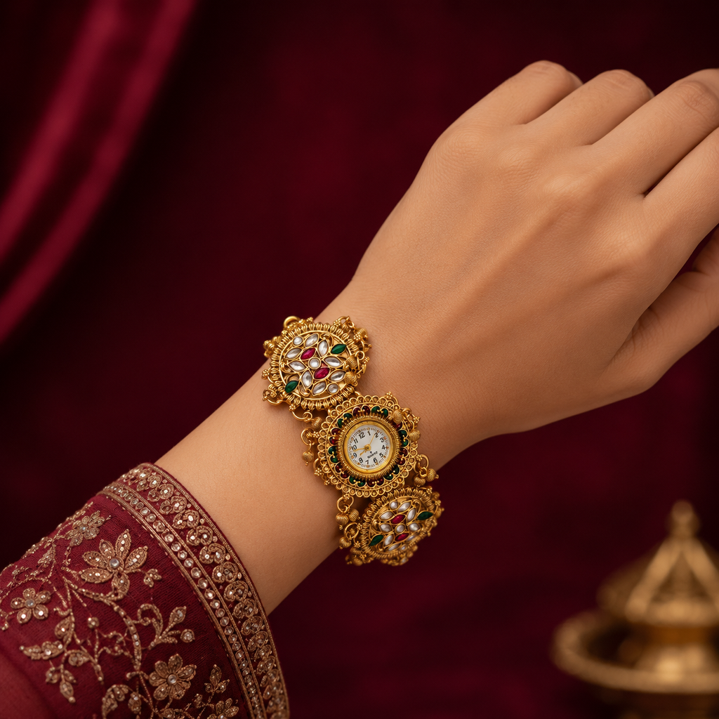 Traditional Kundan Gold-Tone Bracelet Watch with Multicolor Stones