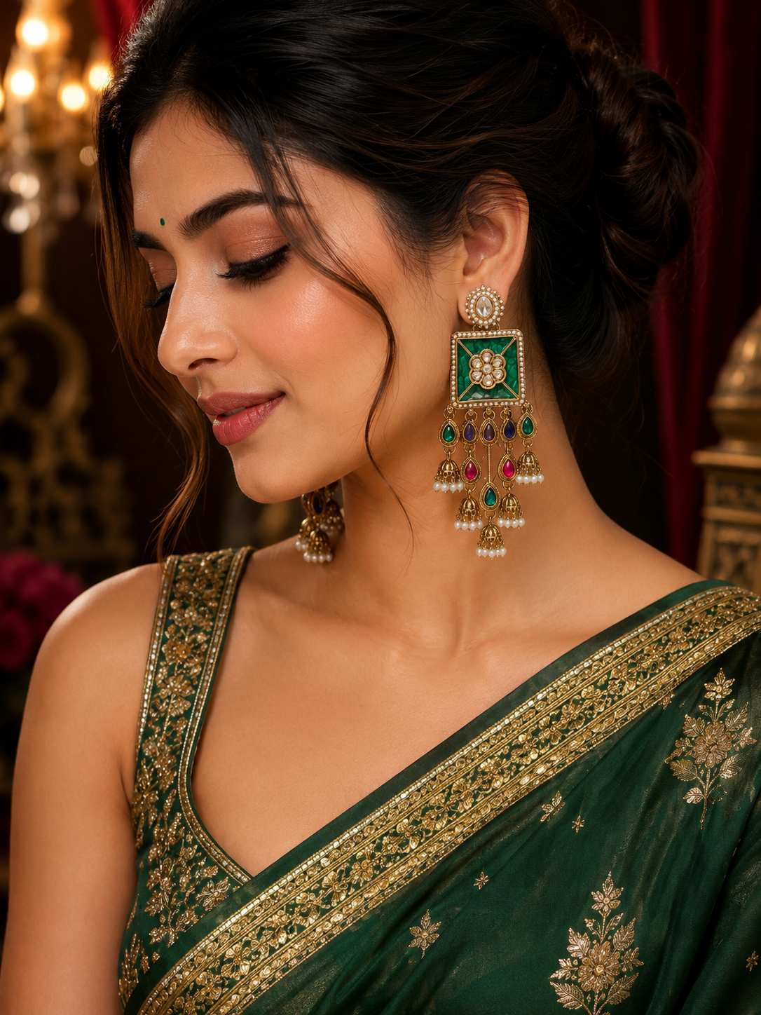 Emerald green multicolour kundan pearl jhumka earrings