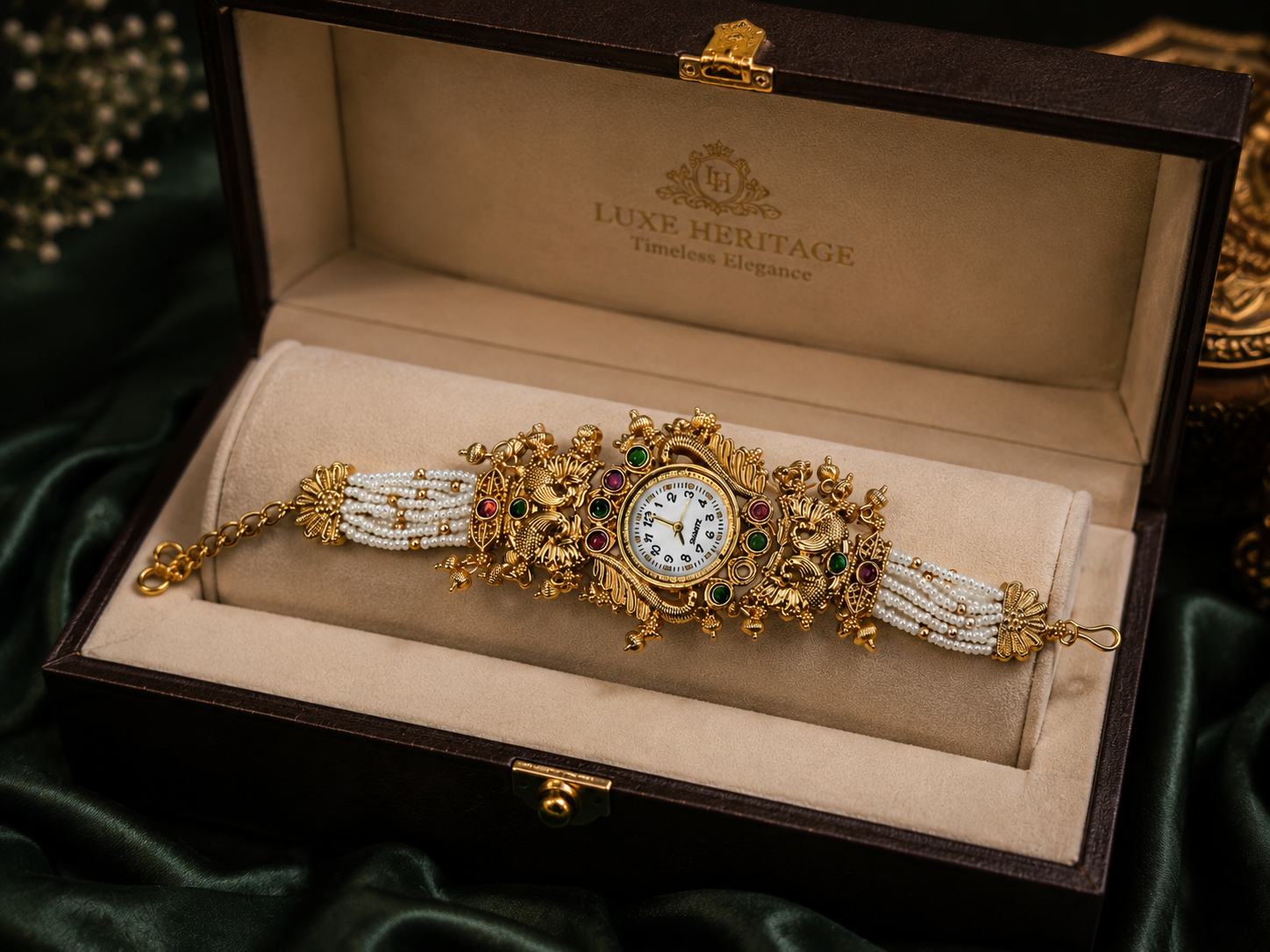 Traditional Bridal Bracelet Watch for Women | Antique Gold Pearl Kada Watch