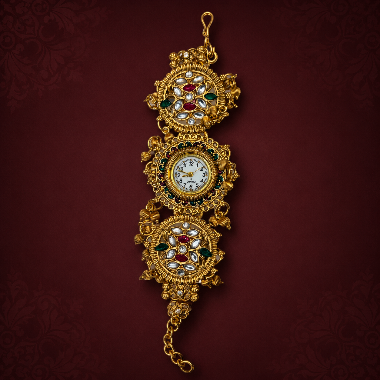 Traditional Kundan Gold-Tone Bracelet Watch with Multicolor Stones
