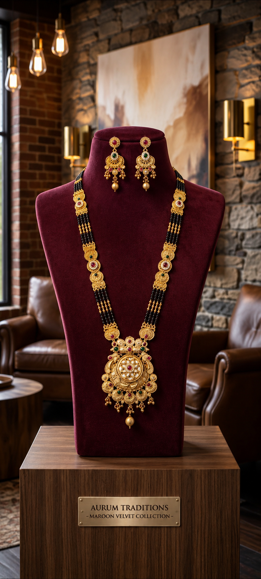 Designer Mangalsutra Set with Earrings | Traditional Gold Plated Black Beads Necklace