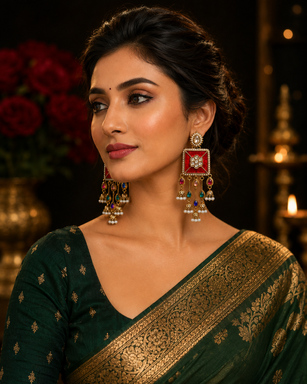 Red square multicolour kundan pearl jhumka earrings