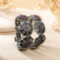 Oxidised silver layered flower ruby stone folding kada - front view