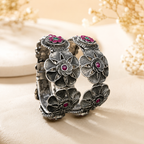 Oxidised silver layered flower ruby stone folding kada - front view