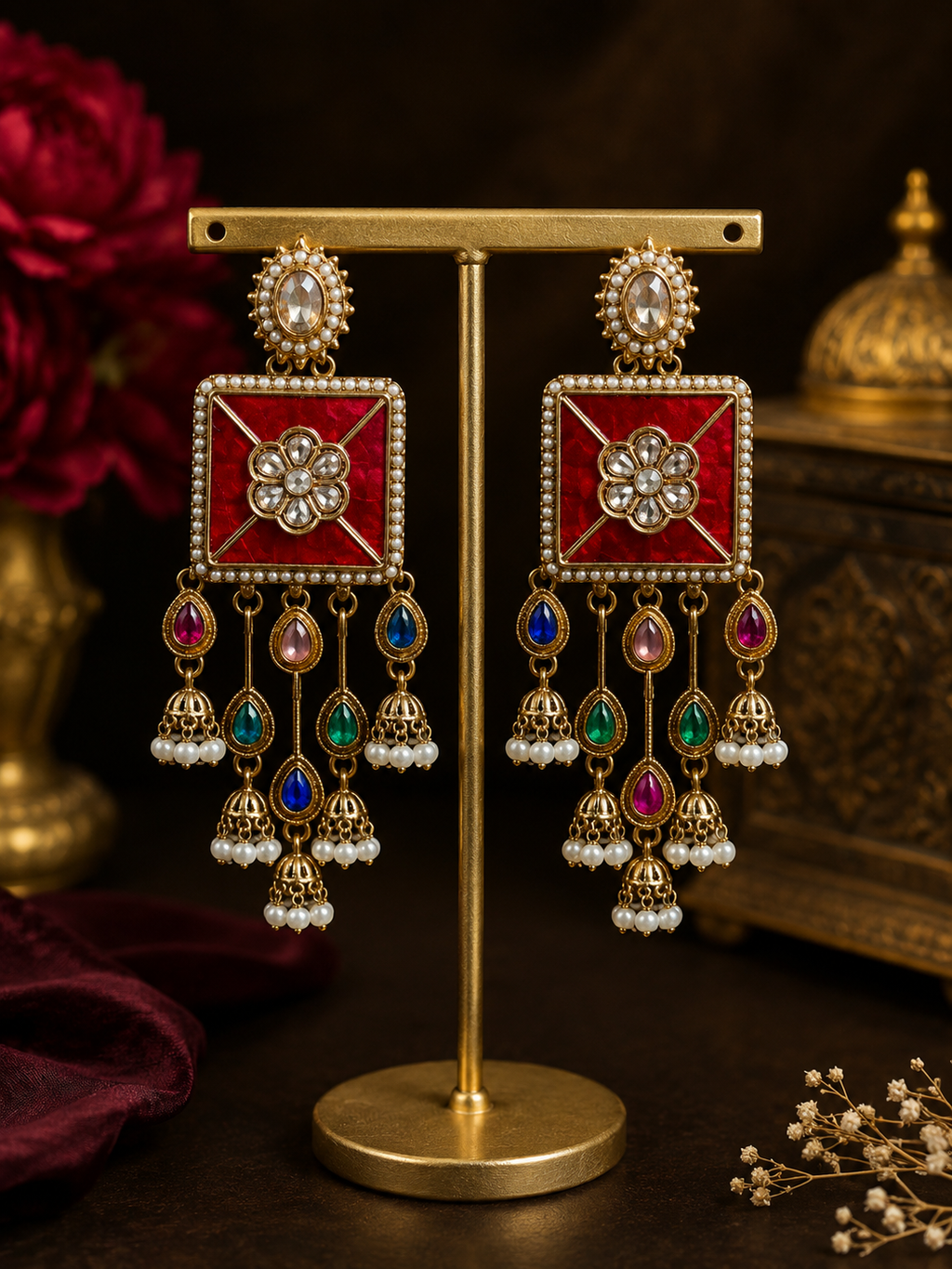 Red square multicolour kundan pearl jhumka earrings