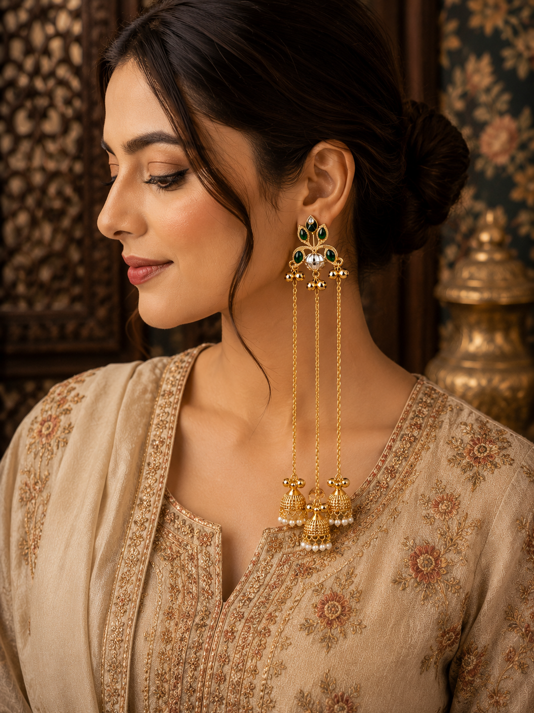 Premium Kashmiri Style Long Chain Jhumka Earrings for Women | Green Stone Gold Plated Pearl Drop Ethnic Earrings | Wedding, Festive & Party Wear