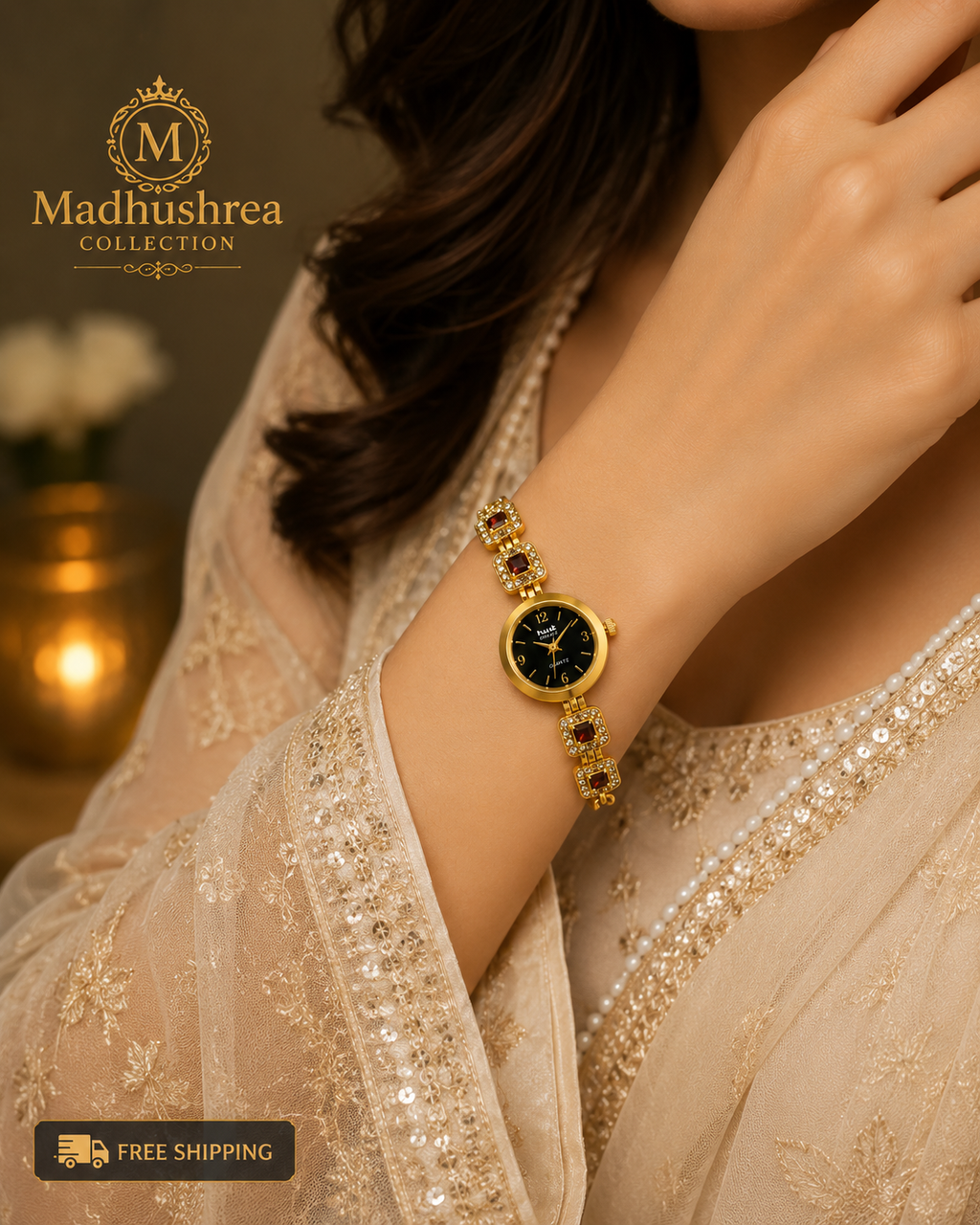 Ruby Crystal Bracelet Watch for Women | Luxury Gold Plated Designer Watch for Girls