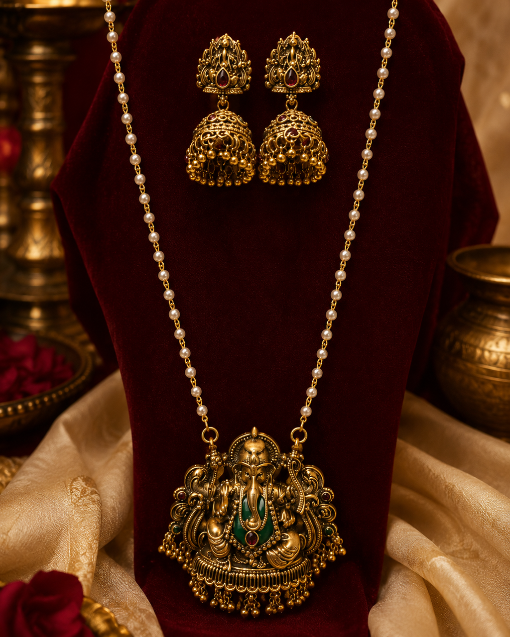 Antique gold Ganesha pendant pearl long necklace set with matching jhumka earrings