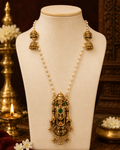 Antique gold Balaji pendant pearl long necklace set with matching jhumka earrings