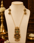 Antique gold Balaji pendant pearl long necklace set with matching jhumka earrings