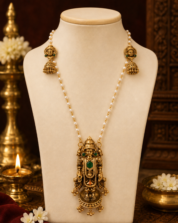 Antique Gold Balaji Pendant Pearl Long Necklace Set with Jhumkas