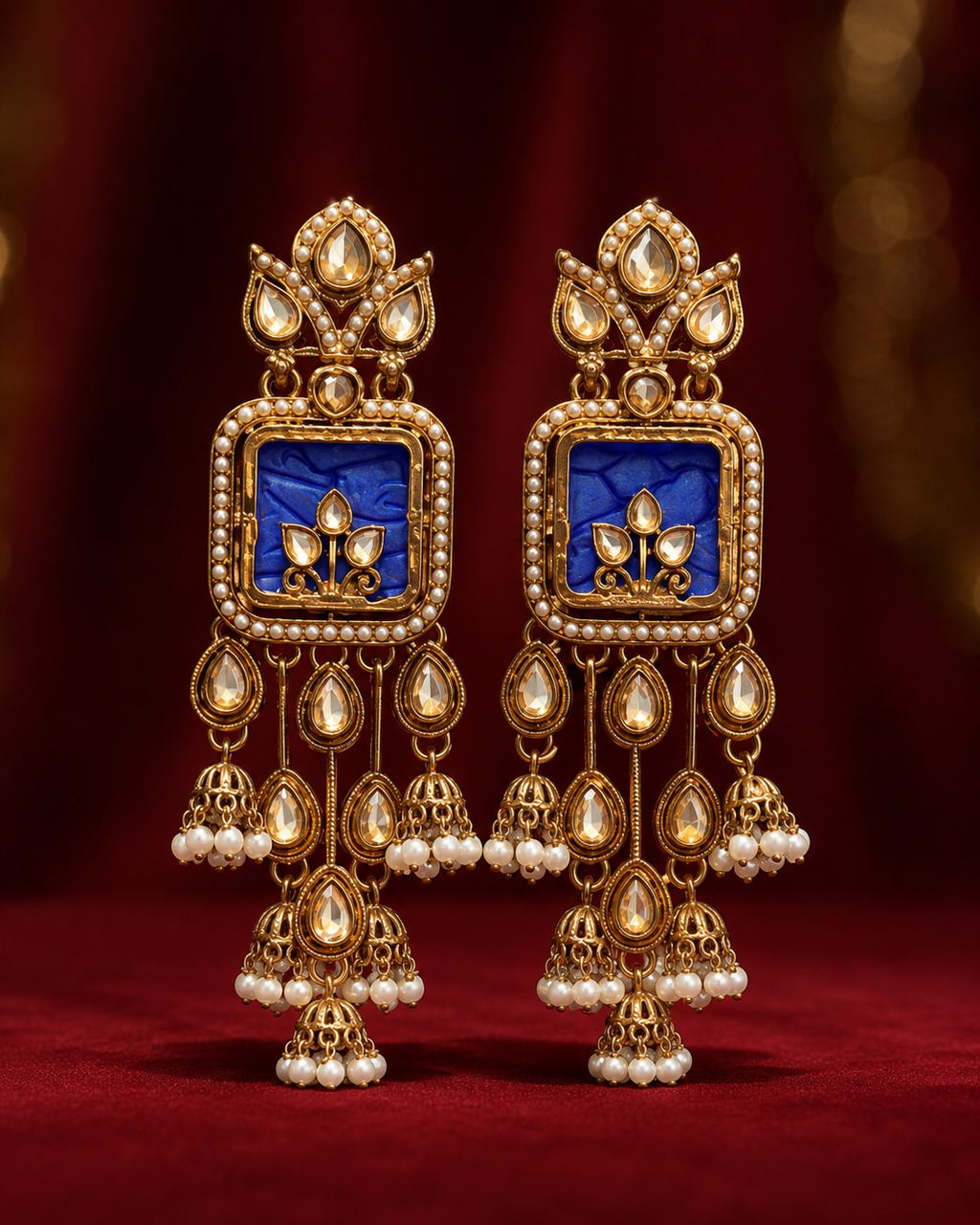 Royal blue square kundan pearl long jhumka earrings