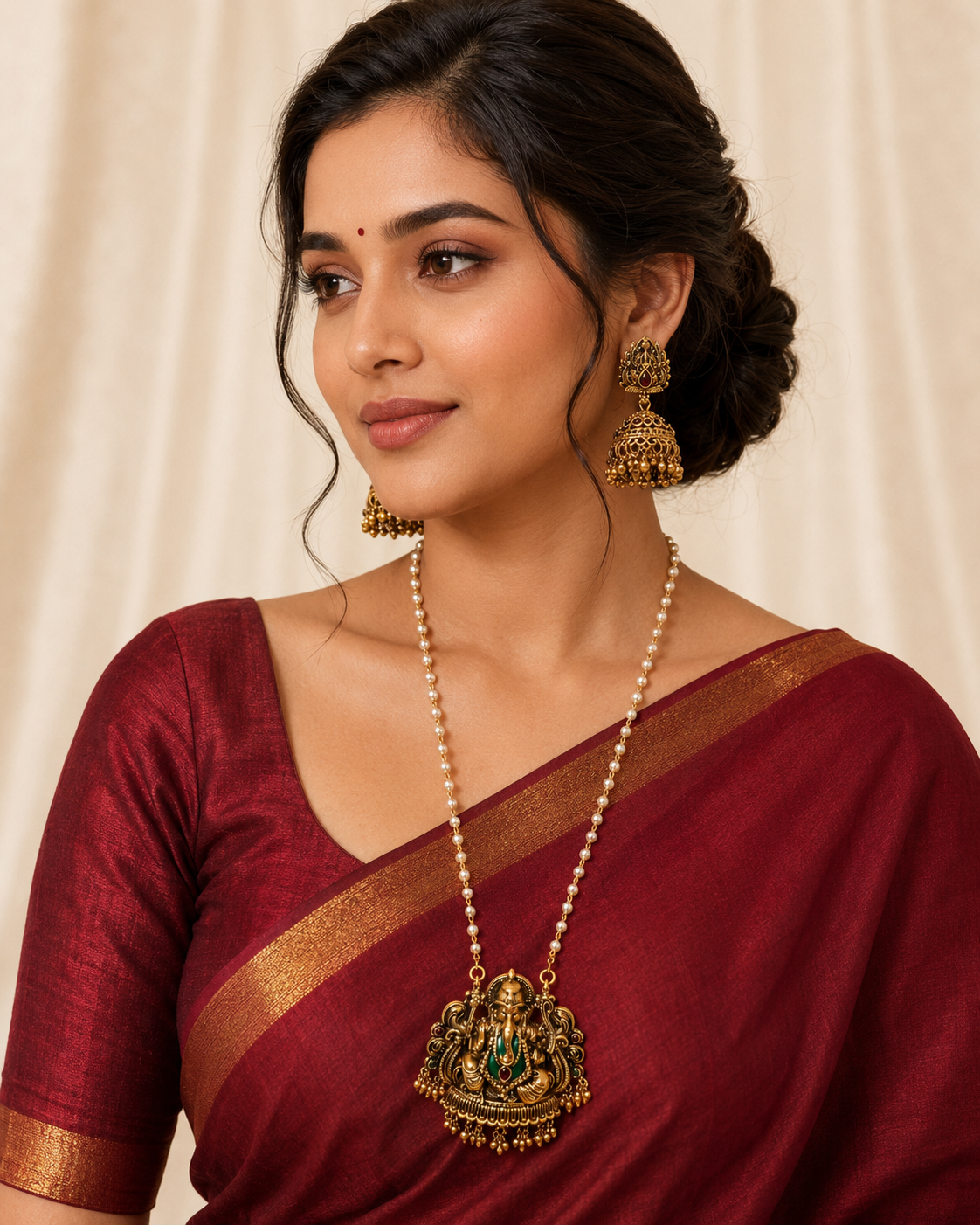 Antique gold Ganesha pendant pearl long necklace set with matching jhumka earrings