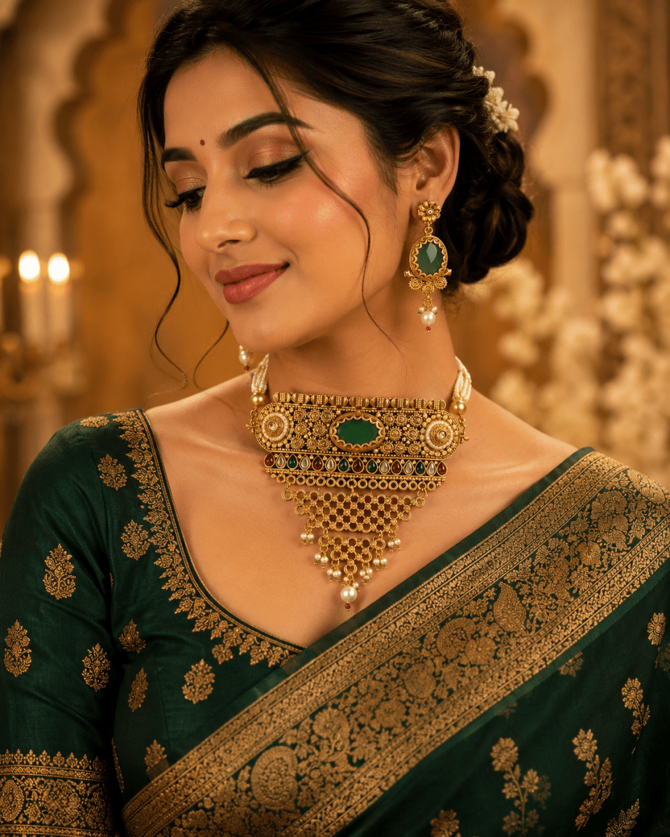 Royal Emerald Heritage Gold Plated Traditional Choker Set for Women - Madhushrea collection