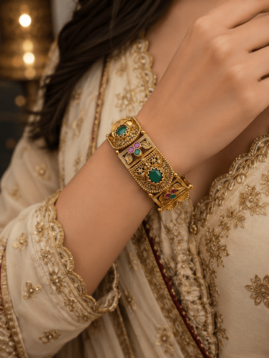 Royal Green Stone Gold Plated Traditional Designer Kada Bangle for Women - Madhushrea collection