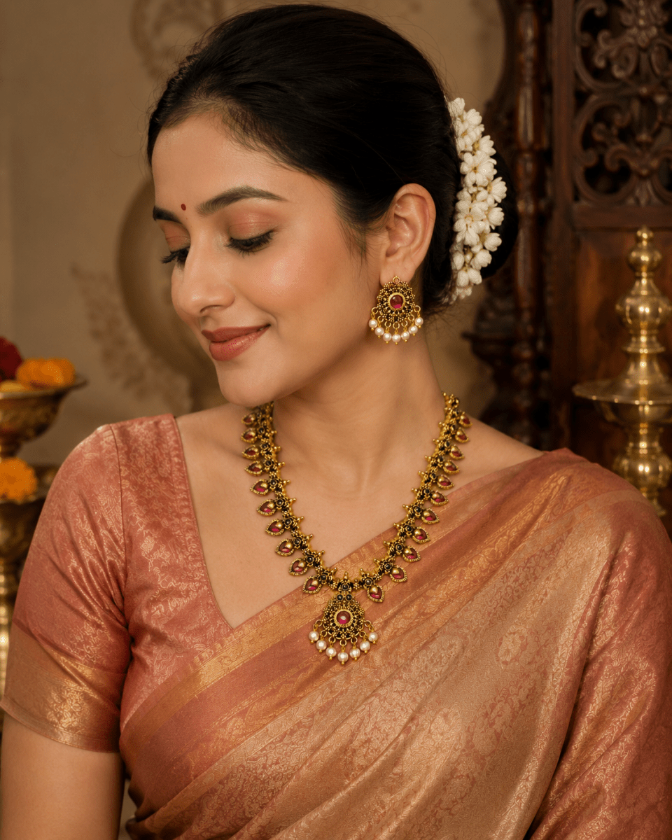 Royal Heritage Ruby Stone Necklace Set with Pearl Drops & Matching Earrings - Madhushrea collection