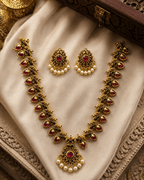 Royal Heritage Ruby Stone Necklace Set with Pearl Drops & Matching Earrings - Madhushrea collection