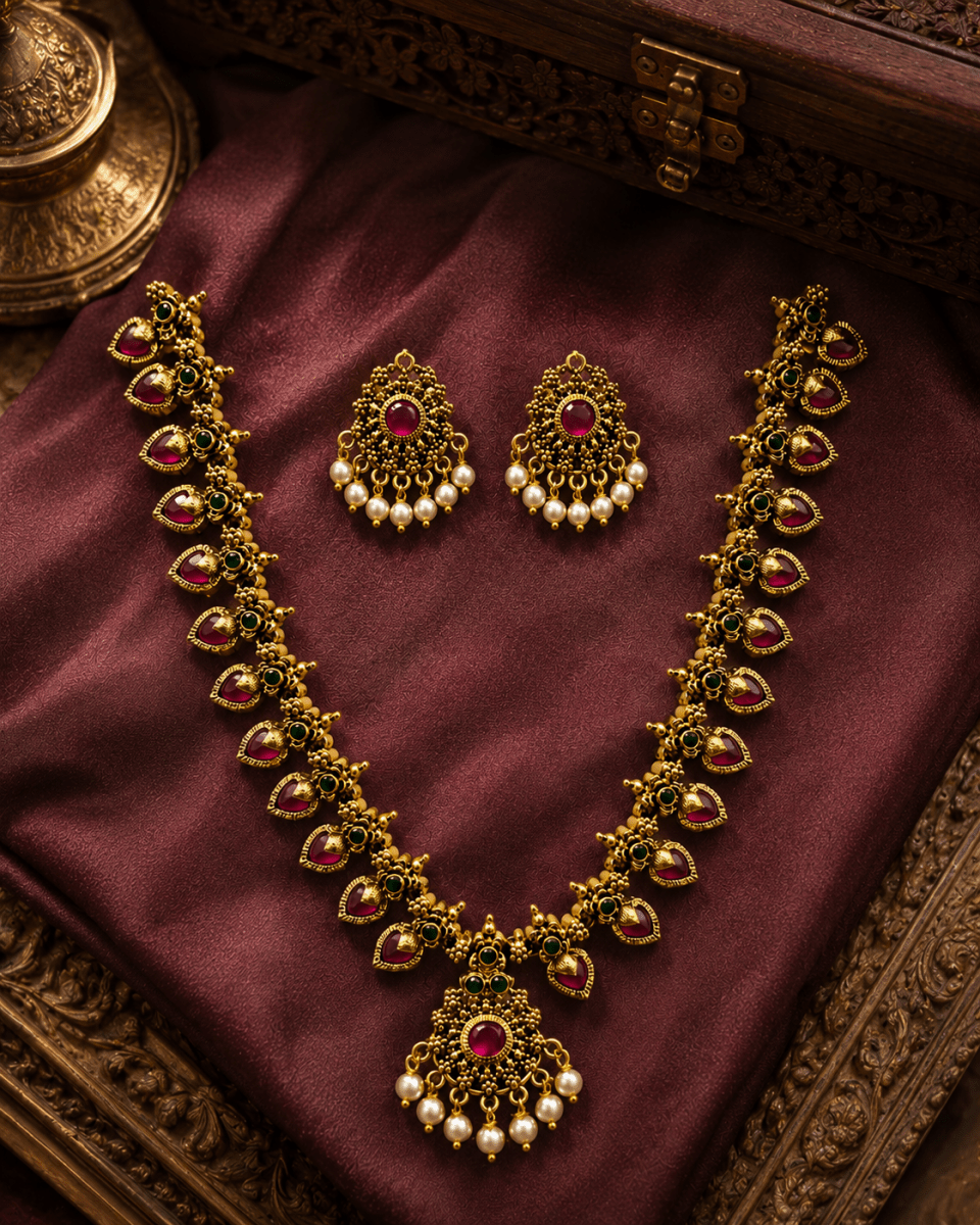 Royal Heritage Ruby Stone Necklace Set with Pearl Drops & Matching Earrings - Madhushrea collection