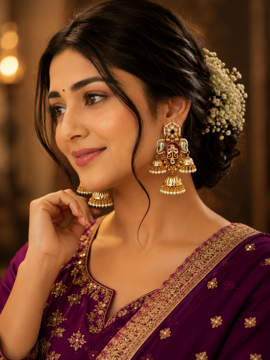 Royal Maroon Kundan Jhumka Earrings for Women | Traditional Gold Plated Pearl Drop Ethnic Jhumki - Madhushrea collection