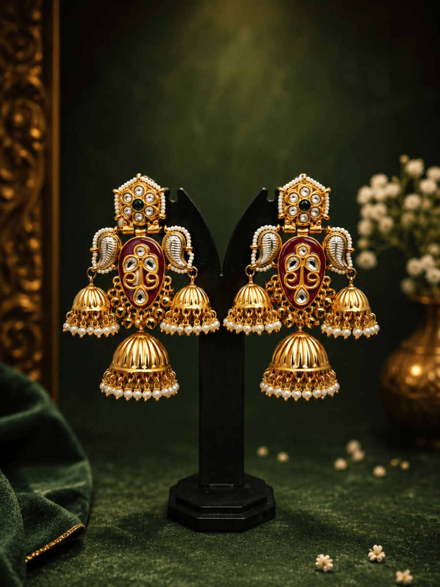 Royal Maroon Kundan Jhumka Earrings for Women | Traditional Gold Plated Pearl Drop Ethnic Jhumki - Madhushrea collection
