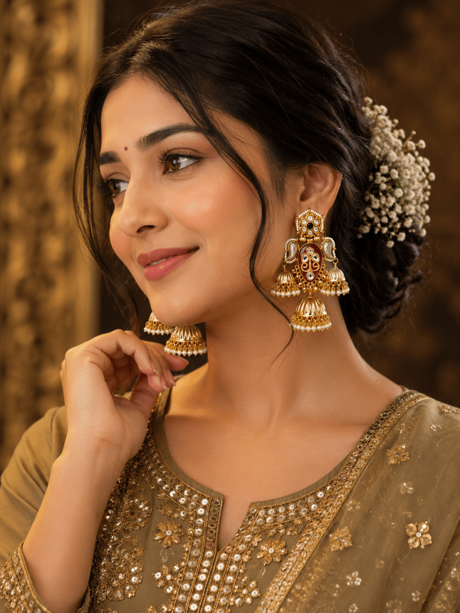 Royal Maroon Kundan Jhumka Earrings for Women | Traditional Gold Plated Pearl Drop Ethnic Jhumki - Madhushrea collection