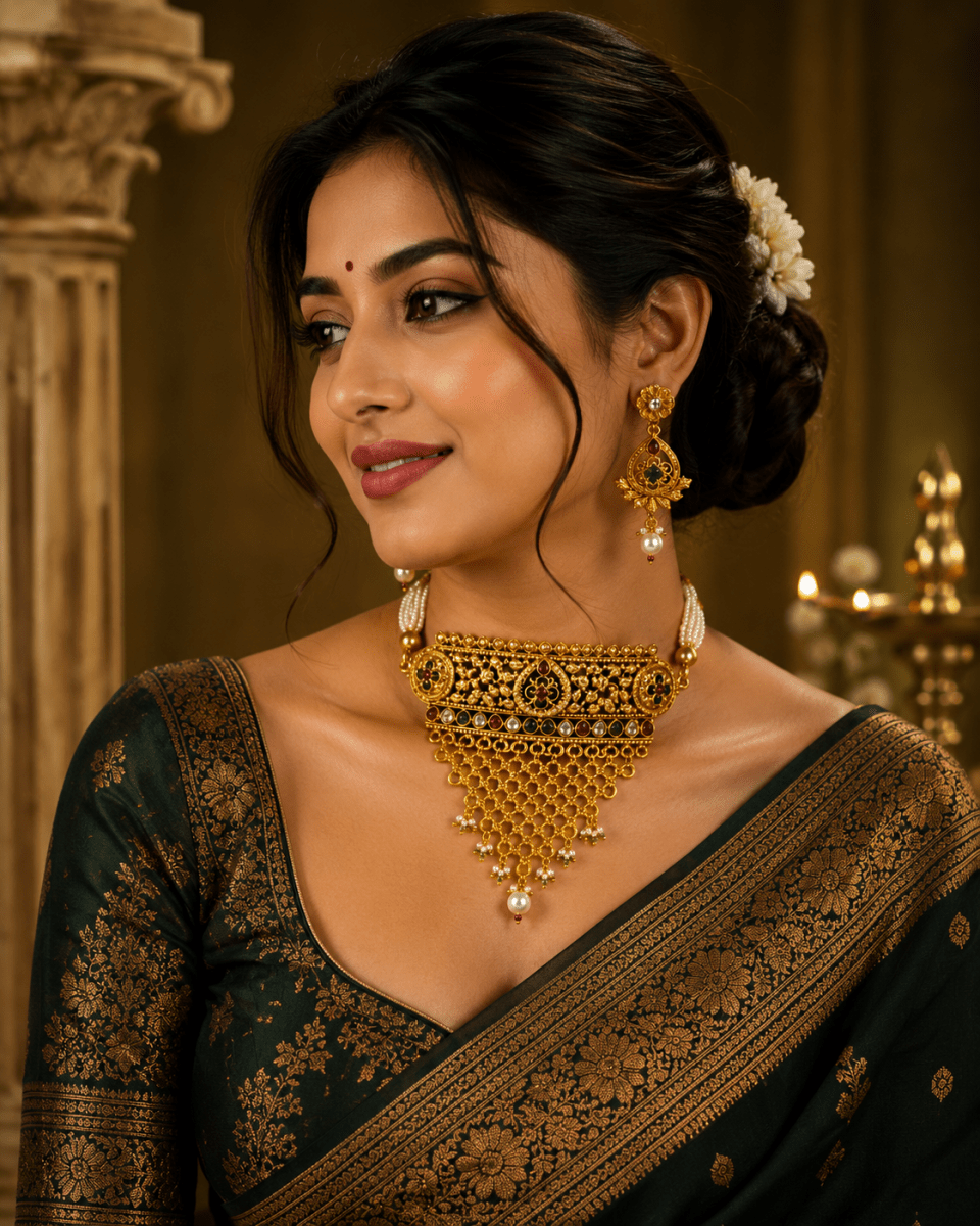 Royal Pearl Heritage Gold Plated Traditional Choker Set for Women - Madhushrea collection
