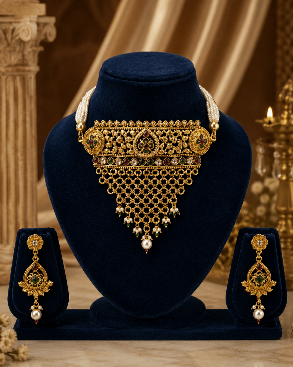 Royal Pearl Heritage Gold Plated Traditional Choker Set for Women - Madhushrea collection