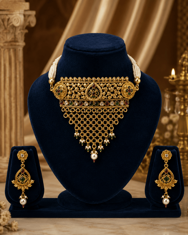 Royal Pearl Heritage Gold Plated Traditional Choker Set for Women