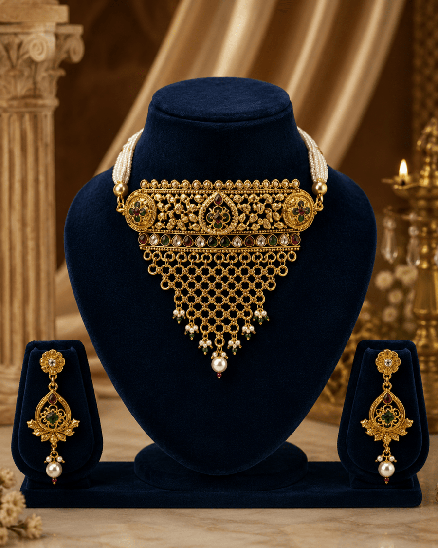 Royal Pearl Heritage Gold Plated Traditional Choker Set for Women