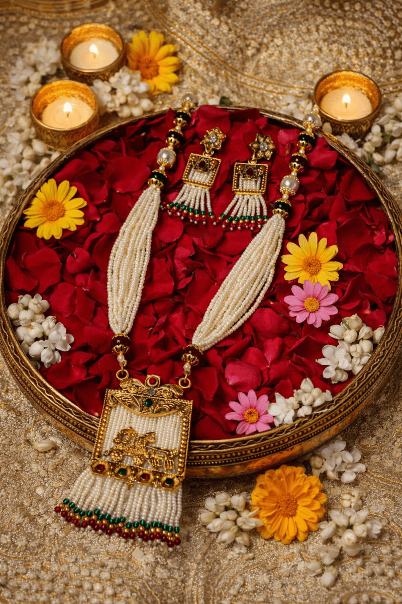 Royal Pearl Rajwadi Haar Set with Matching Earrings | Heritage Bridal Jewelry - Madhushrea collection