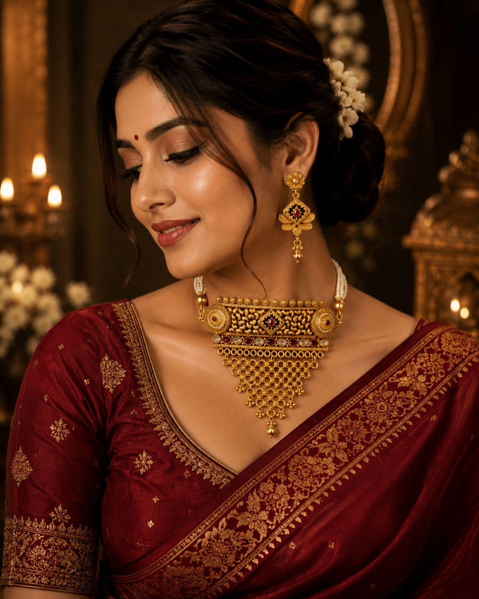 Royal Ruby Antique Gold Plated Traditional Designer Choker Set - Madhushrea collection