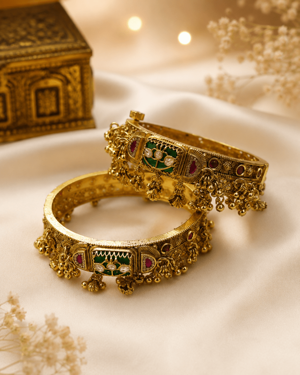 Royal Tulip Green Stone Gold Plated Bridal Kada Bangle for Women - Madhushrea collection