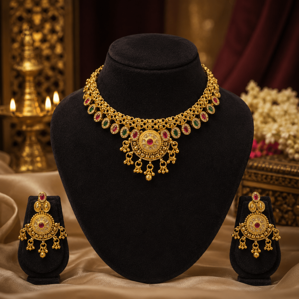 Ruby Emerald Temple Choker Necklace Set with Earrings for Women - Madhushrea collection