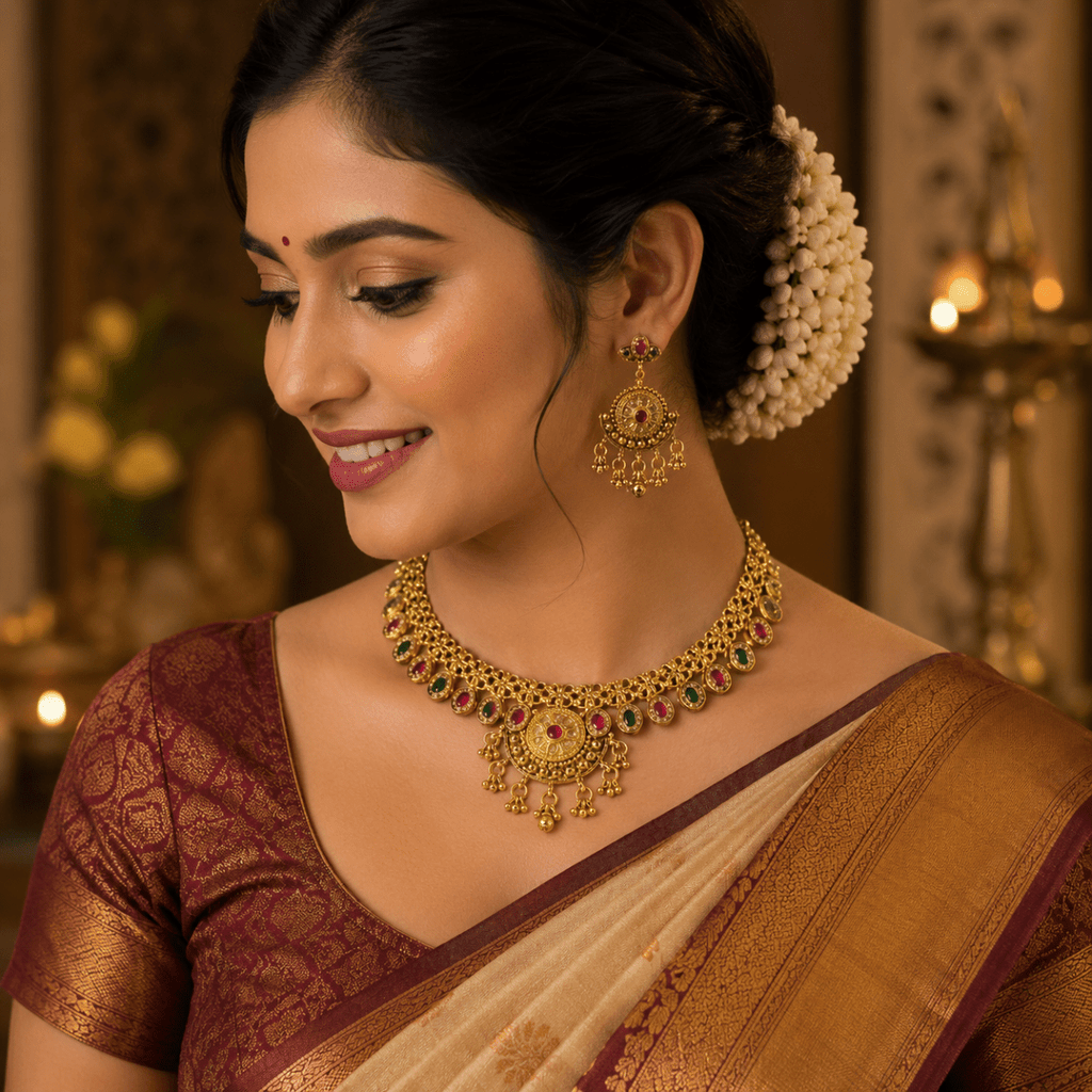 Ruby Emerald Temple Choker Necklace Set with Earrings for Women - Madhushrea collection