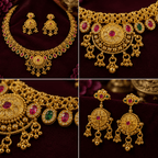 Ruby Emerald Temple Choker Necklace Set with Earrings for Women - Madhushrea collection
