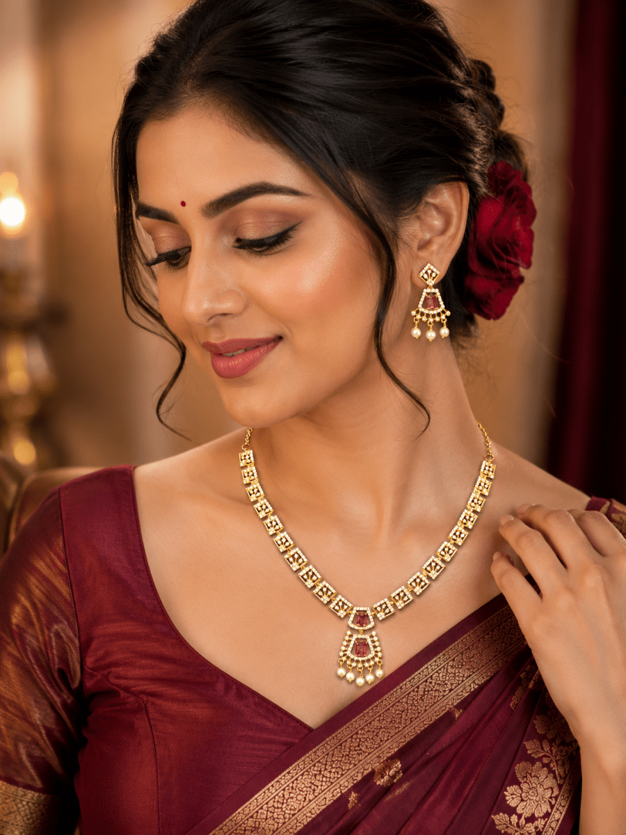 Ruby Red Stone Premium American Diamond Necklace Set for Women - Madhushrea collection