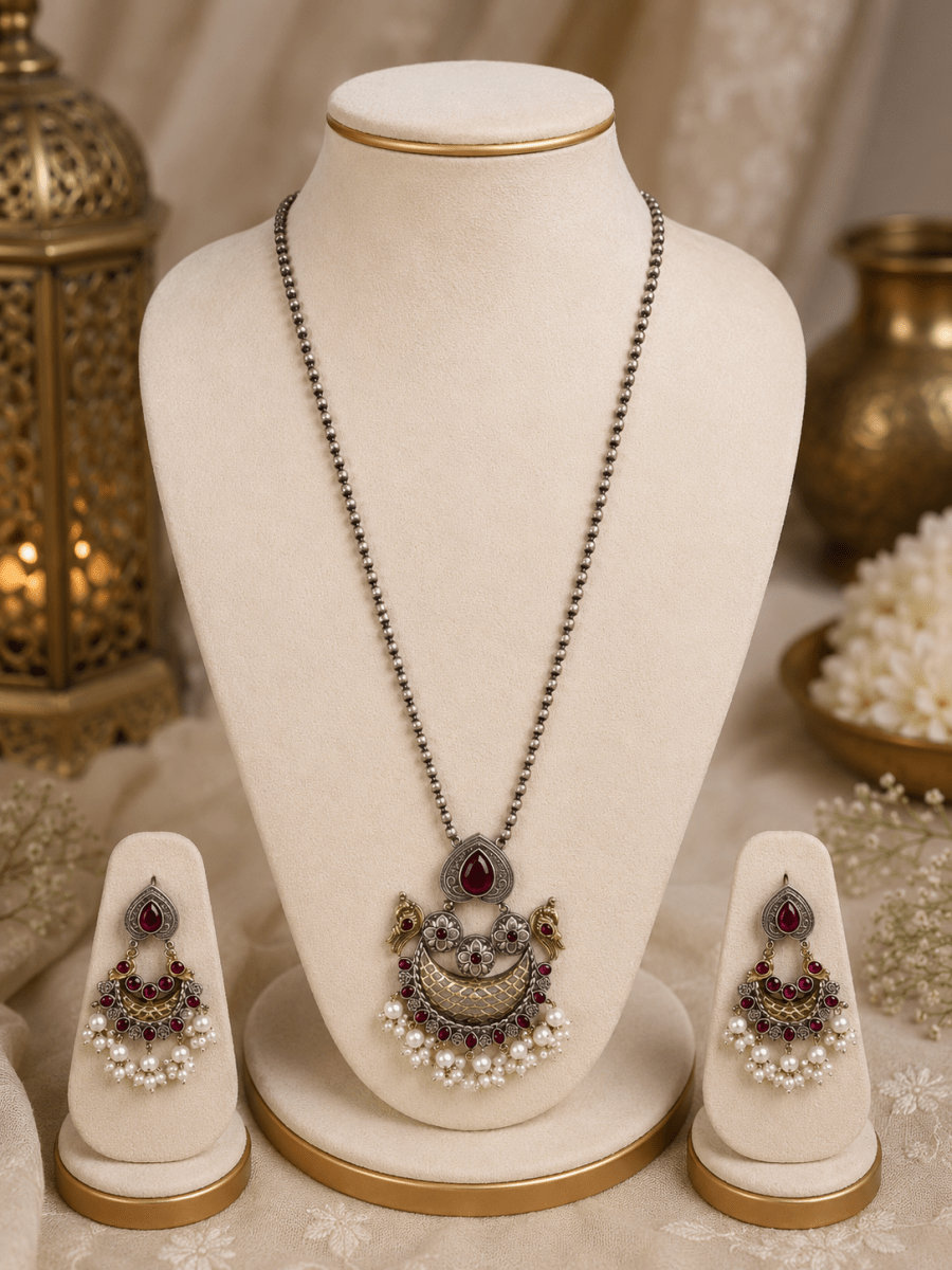 Ruby Stone Oxidised Silver Peacock Pendant Necklace Set - Madhushrea collection