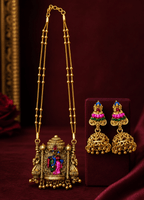Temple Radha Krishna Long Necklace Set with Traditional Jhumka Earrings - Madhushrea collection