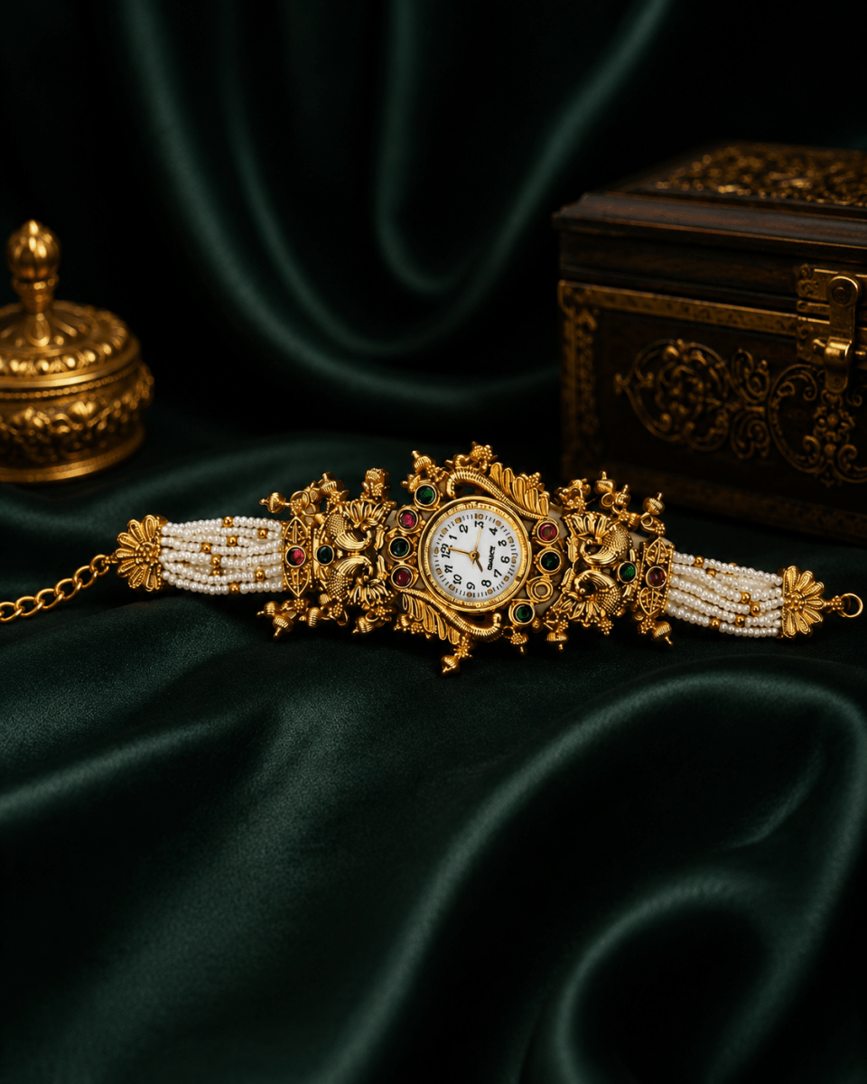 Traditional Bridal Bracelet Watch for Women | Antique Gold Pearl Kada Watch - Madhushrea collection