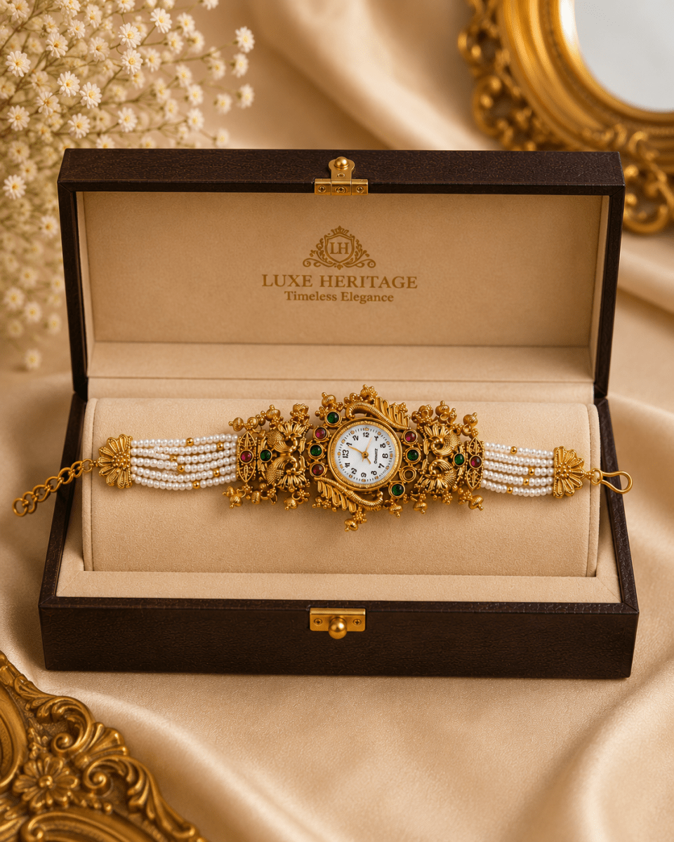 Traditional Bridal Bracelet Watch for Women | Antique Gold Pearl Kada Watch - Madhushrea collection