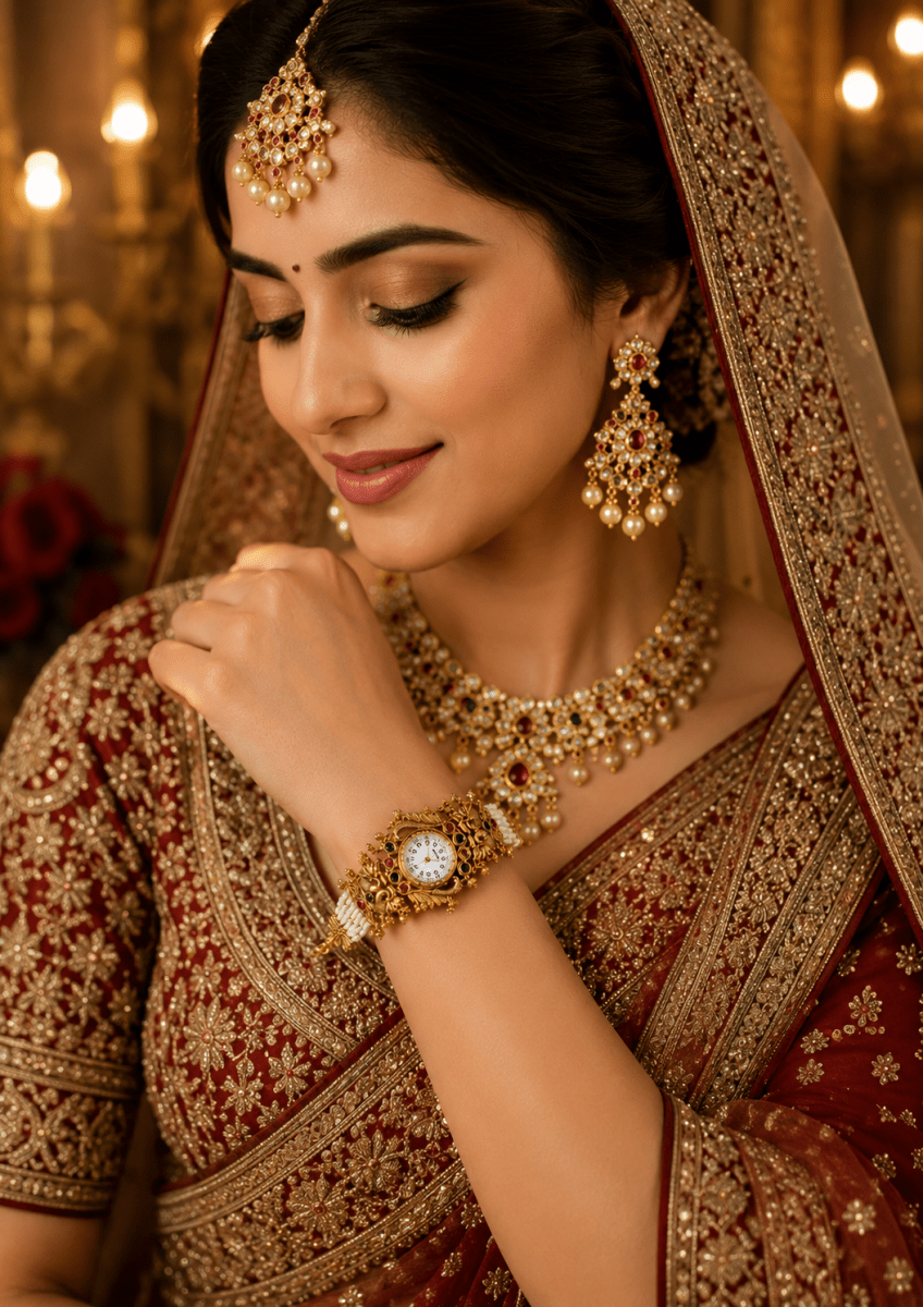 Traditional Bridal Bracelet Watch for Women | Antique Gold Pearl Kada Watch - Madhushrea collection