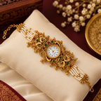 Traditional bridal antique gold pearl kada bracelet watch luxury close-up