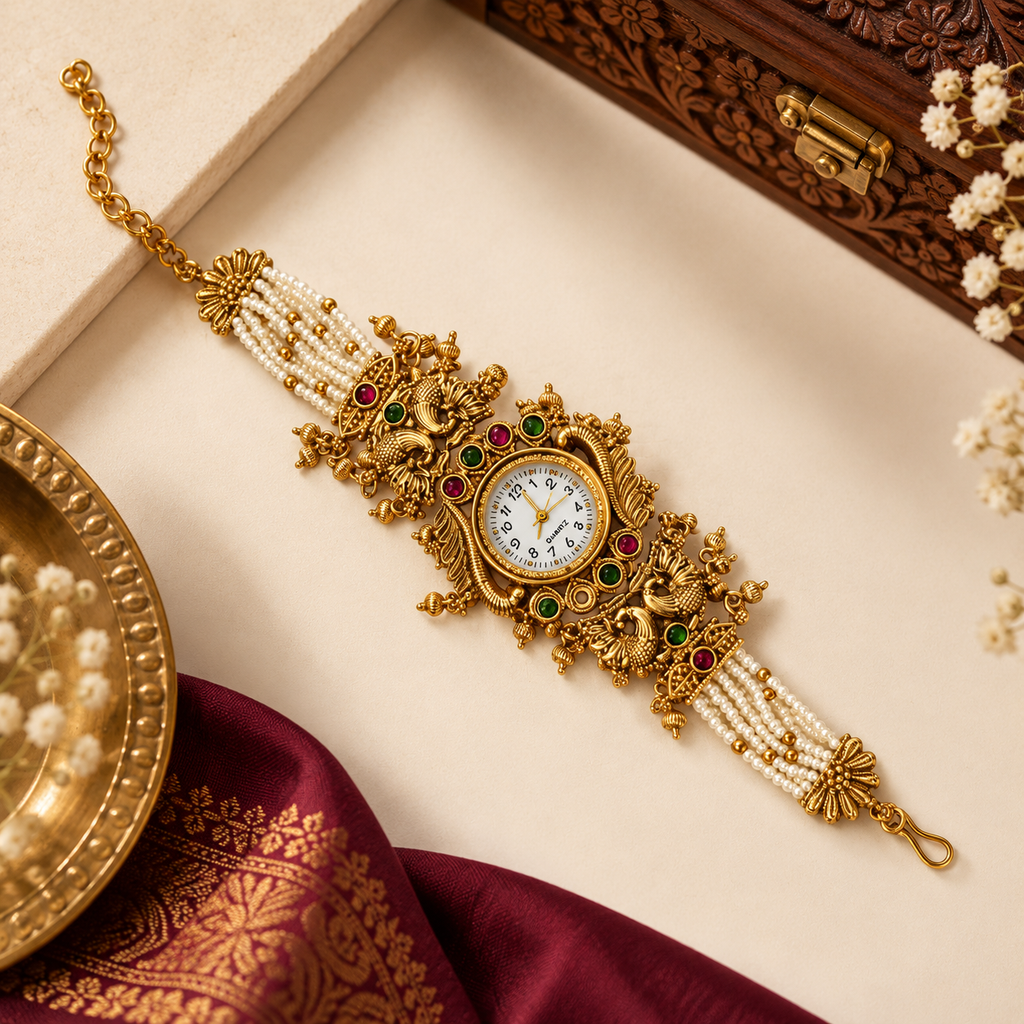 Traditional bridal antique gold pearl kada bracelet watch premium flat lay