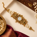 Traditional bridal antique gold pearl kada bracelet watch premium flat lay