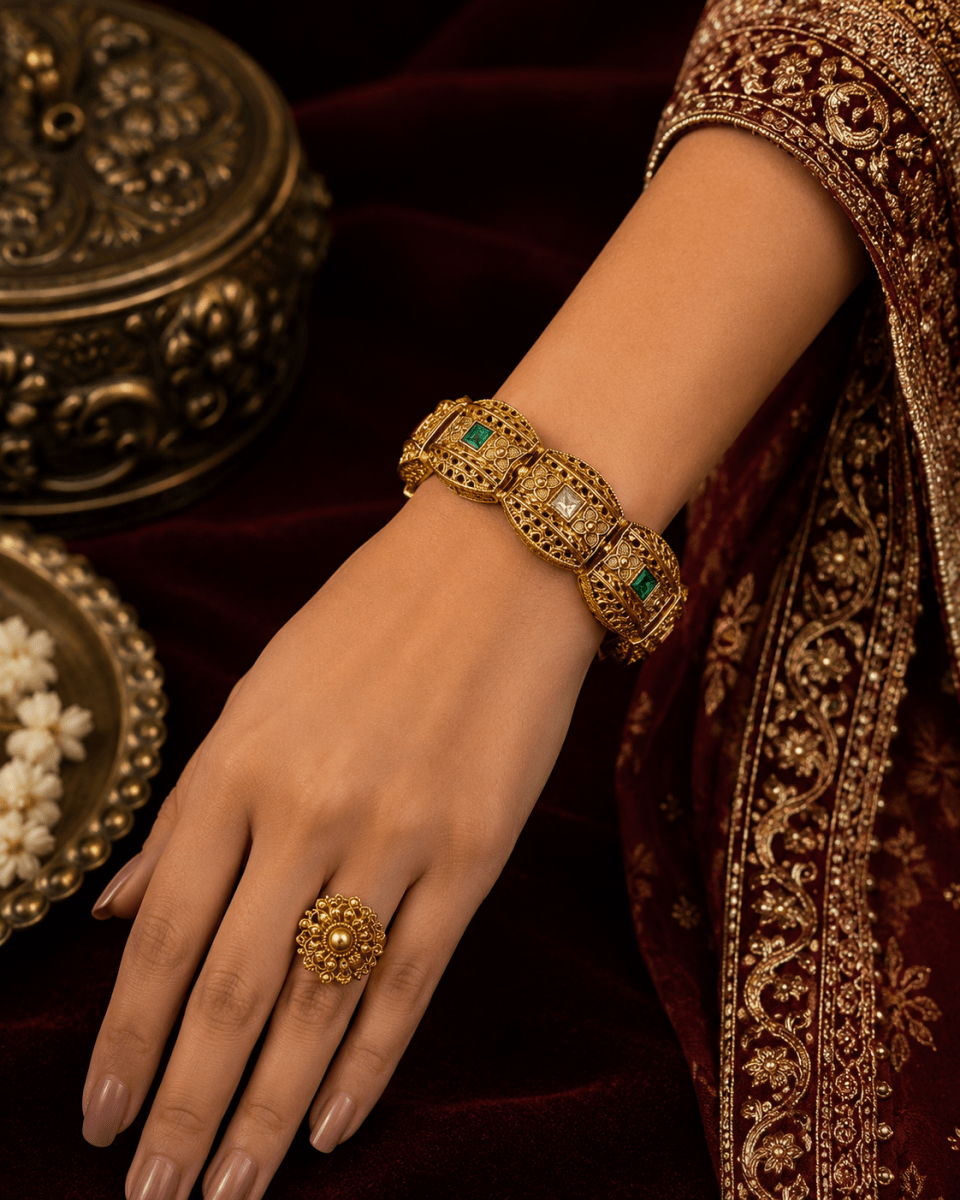 Traditional Emerald Ruby Stone Gold Plated Designer Kada Bangle for Women - Madhushrea collection