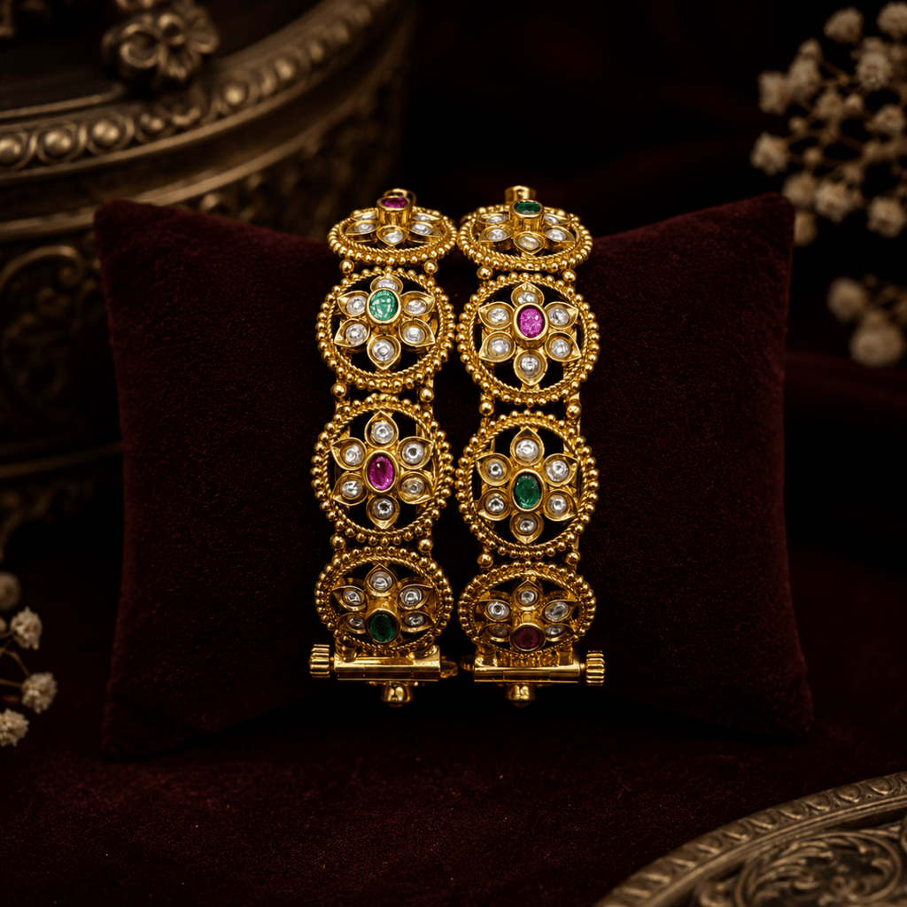 Traditional Floral Ruby Green Stone Gold Plated Designer Bangle for Women - Madhushrea collection